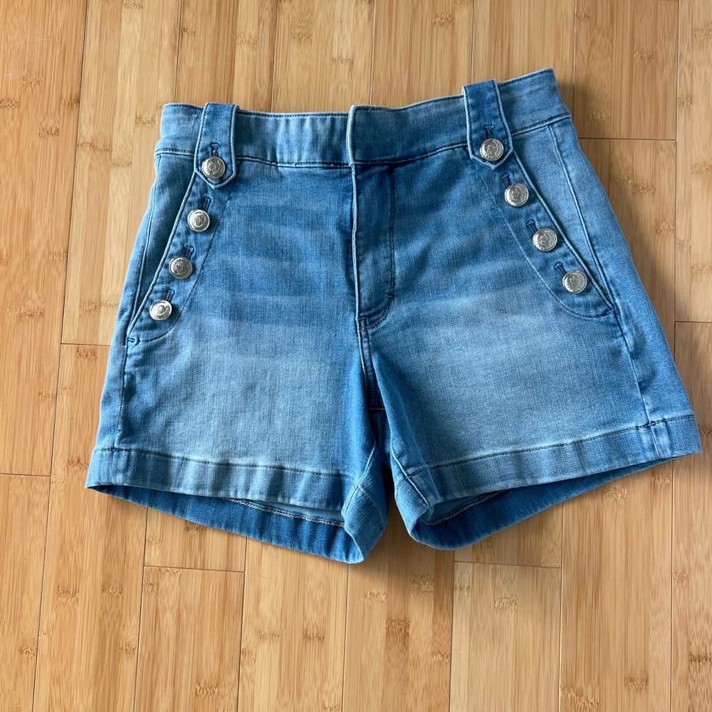 White House Black Market Women's Denim High Rise Shorts with Button Detail - Picture 3 of 7